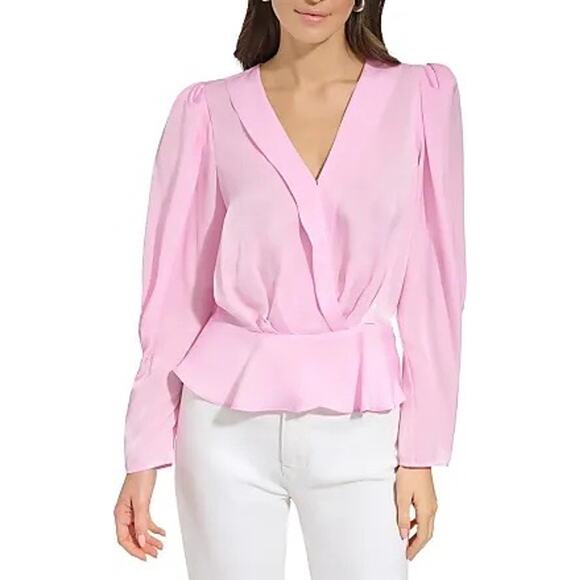 DKNY Pink Satin Surplice V-Neck Long Puff Sleeve Peplum Blouse Large NWT - Picture 1 of 13